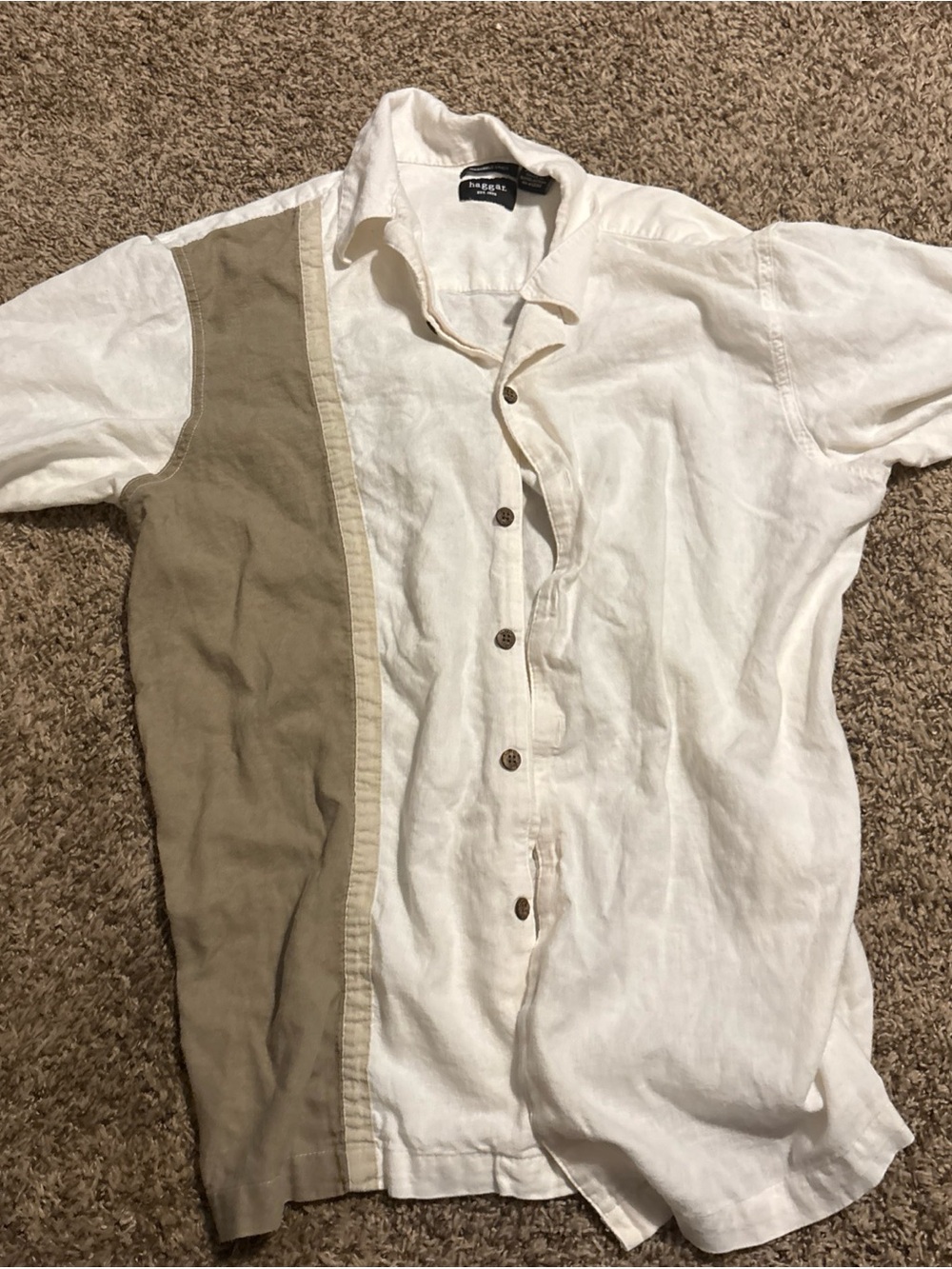 Haggar Casual Short Sleeve Two Tone Brown Button Up Shirt white men's size Large